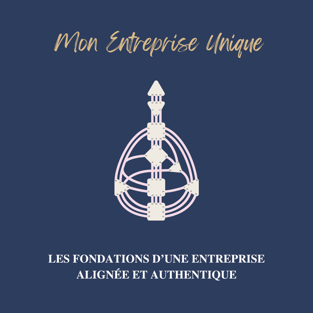 Design humain et business : Visuel du programme "Mon Entreprise Unique" avec une représentation graphique minimaliste du design humain en rose pâle sur fond bleu foncé. Le texte "Les fondations d’une entreprise alignée et authentique" met en avant l'idée de bâtir une entreprise en accord avec son identité et ses valeurs.