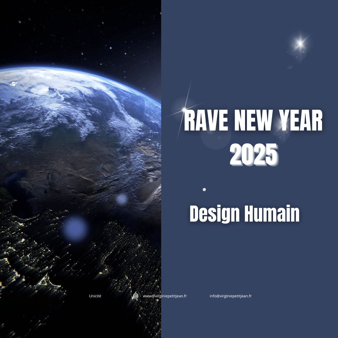 Visuel de la conférence "Rave New Year 2025" avec une vue spectaculaire de la Terre illuminée depuis l'espace, accompagnée d'un texte en grandes lettres blanches. L'image évoque un événement global, une réflexion cosmique et un renouveau pour l'année 2025. Contact et site web affichés en bas de l'image.