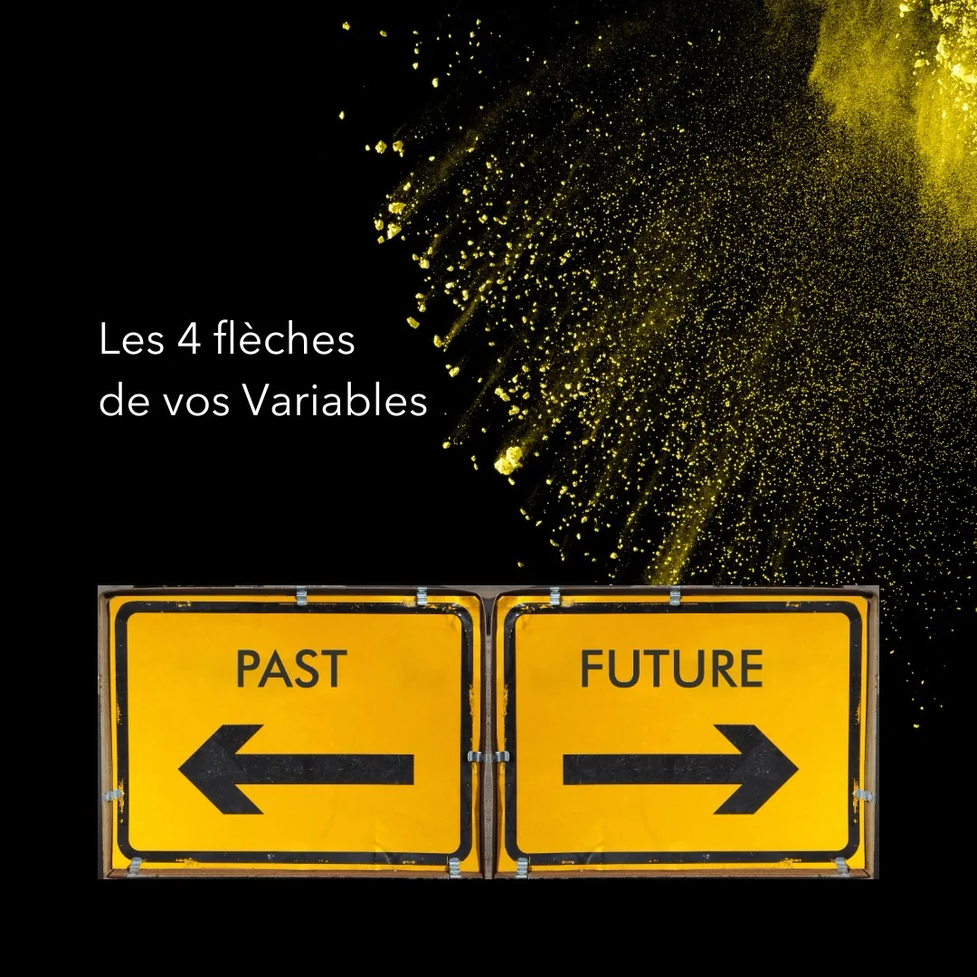 Image représentant deux panneaux jaunes indiquant 'PAST' avec une flèche pointant vers la gauche et 'FUTURE' avec une flèche pointant vers la droite. En arrière-plan, un effet de poudre jaune éclatante sur un fond noir. Le texte 'Les 4 flèches de vos Variables' est écrit en blanc sur la gauche.