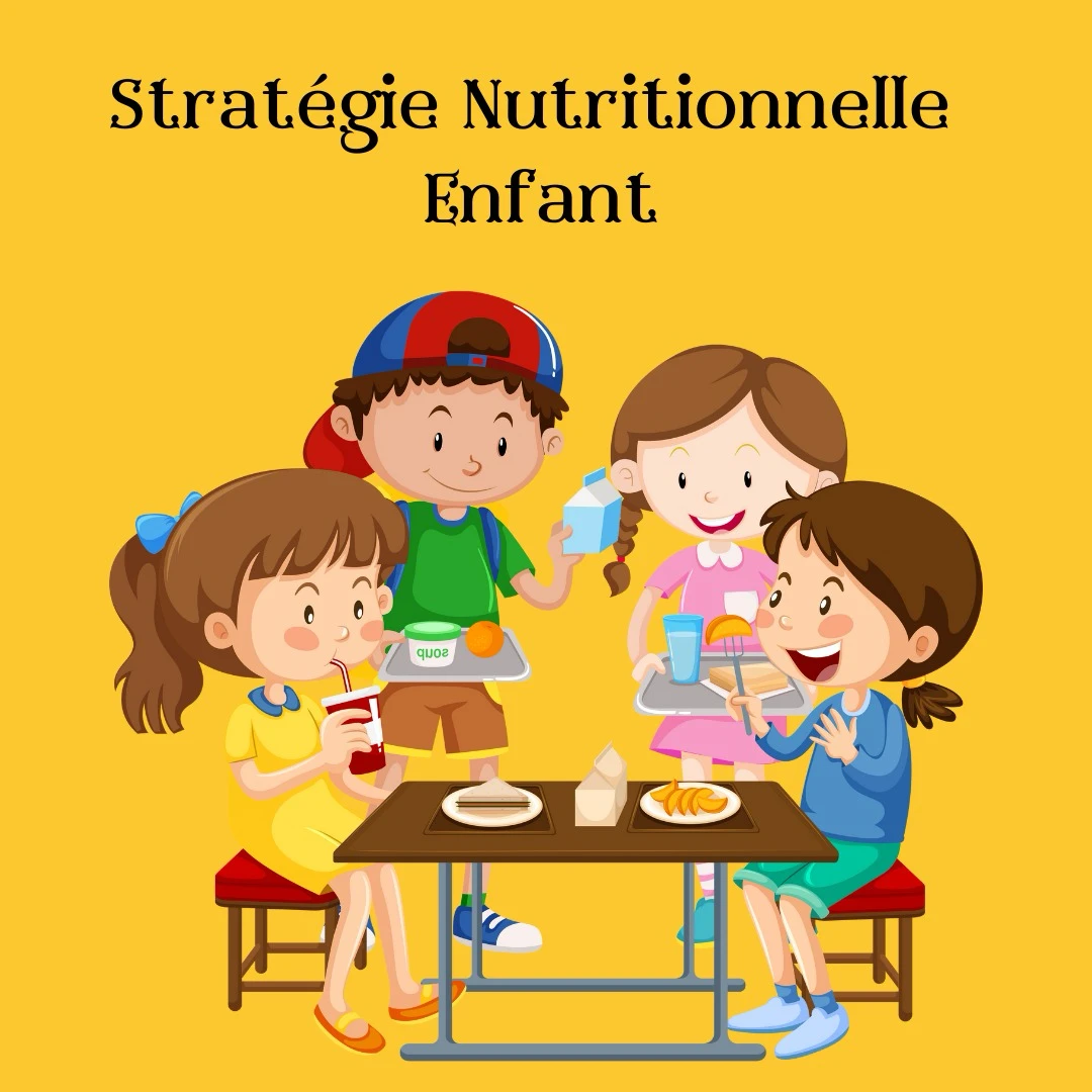 Illustration du design humain pour les enfants, lecture alimentation, joyeux groupe d'enfants partageant un repas autour d'une table, accompagnée du texte "Stratégie Nutritionnelle Enfant" sur un fond jaune vif. L'image met en avant l'importance d'une alimentation équilibrée et adaptée pour les enfants, dans une atmosphère conviviale et éducative.