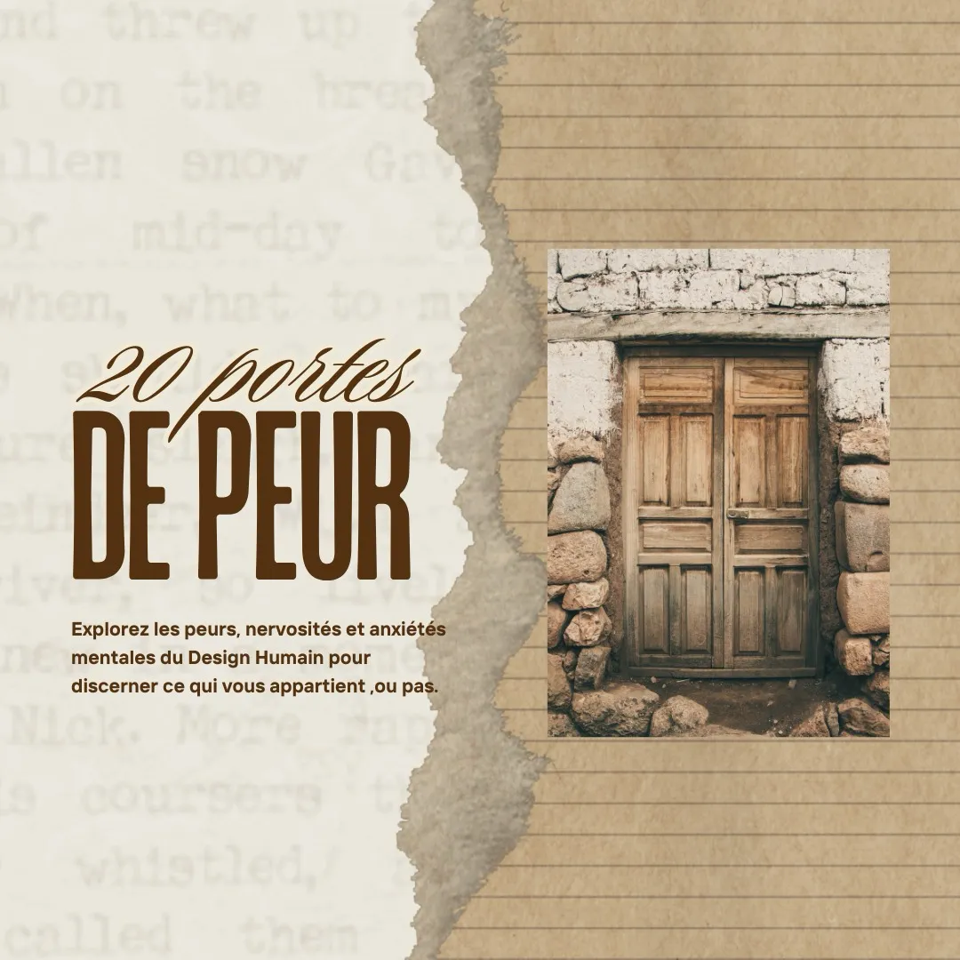 Visuel du programme "20 Portes de Peur" avec une illustration représentant une porte en bois ancienne encadrée de pierres, sur un fond de papier vieilli avec des notes manuscrites. Le texte "Explorez les peurs, nervosités et anxiétés mentales du Design Humain pour discerner ce qui vous appartient, ou pas" souligne une thématique d'introspection et de dépassement personnel.