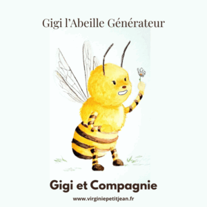 Illustration de Gigi l’Abeille Générateur Manifesteur, personnage principal du conte musical pour enfants inspiré du Design Humain, en tenue rayée jaune et noire, tenant une fleur et souriant.