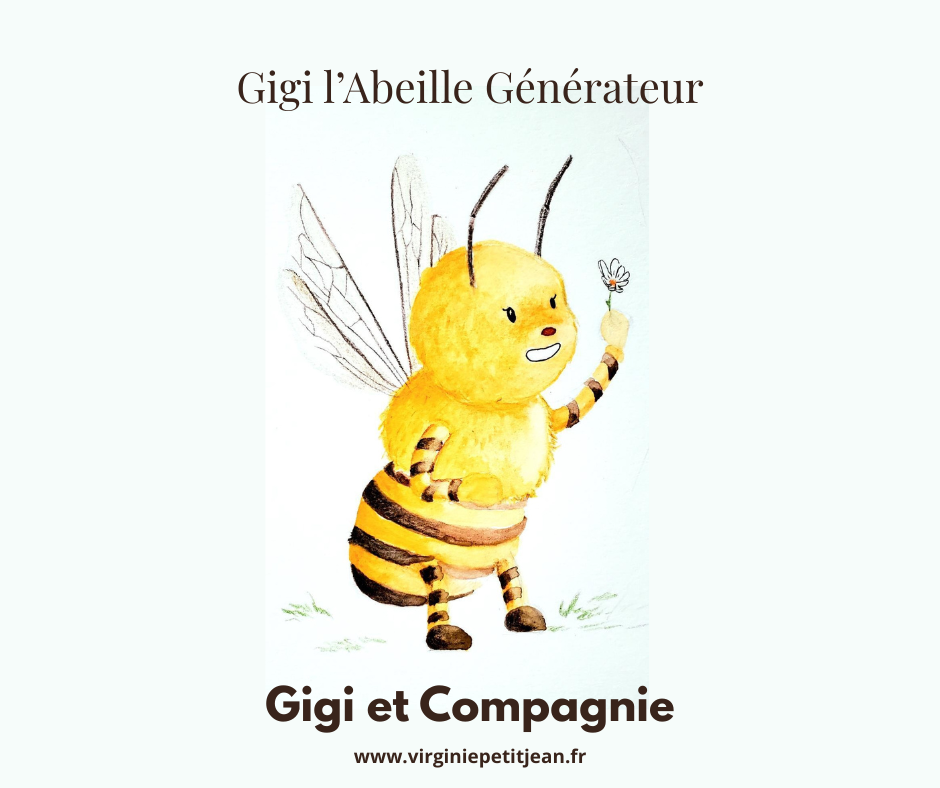 Illustration de Gigi l’Abeille Générateur Manifesteur, personnage principal du conte musical pour enfants inspiré du Design Humain, en tenue rayée jaune et noire, tenant une fleur et souriant.