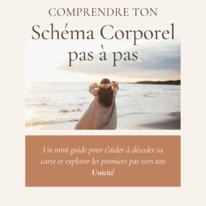 Couverture du mini guide “Comprendre ton Schéma Corporel pas à pas” de Virginie Petitjean, avec une photo d’une femme face à l’océan et un sous-titre : “Un mini guide pour t’aider à décoder ta carte et explorer les premiers pas vers ton Unicité”.