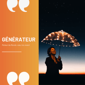 Femme souriante tenant un parapluie illuminé sous un ciel étoilé, illustrant l'énergie du Générateur en Design Humain