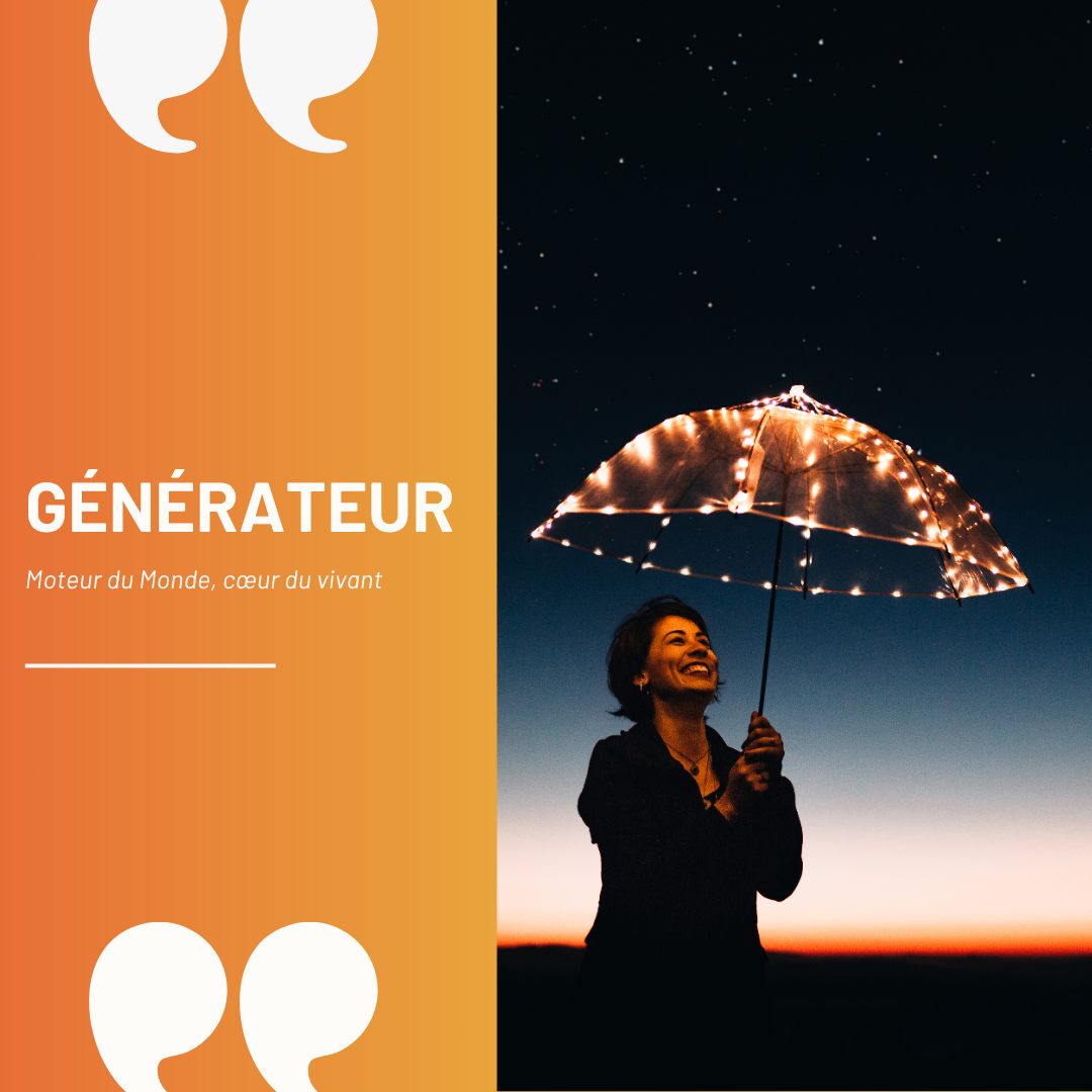 Femme souriante tenant un parapluie illuminé sous un ciel étoilé, illustrant l'énergie du Générateur en Design Humain