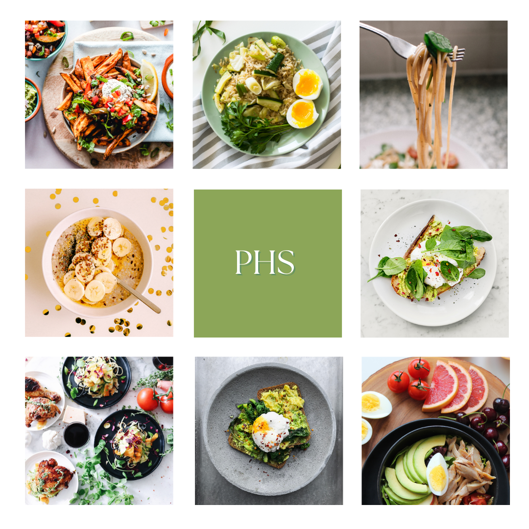 Mosaïque de plats variés et colorés illustrant la diversité des styles alimentaires associés aux déterminations PHS du Design Humain (température, texture, ambiance, rythme…).