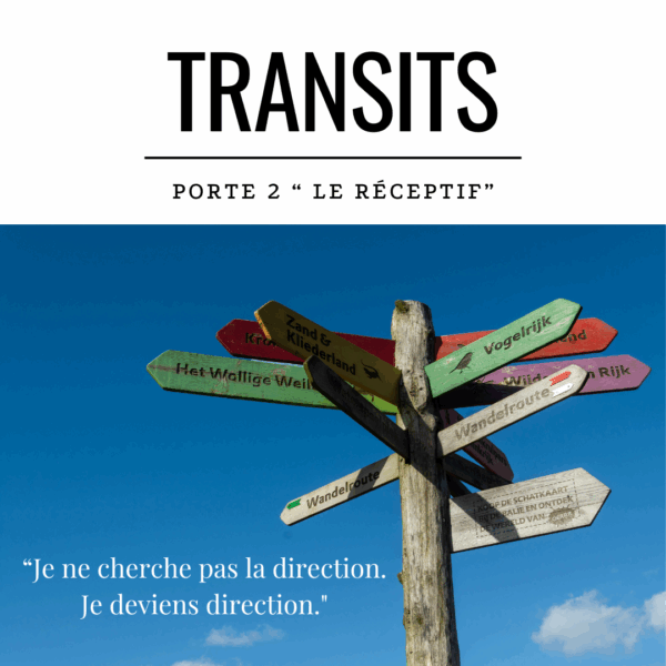 Panneau directionnel coloré sous un ciel bleu, symbolisant le choix, l’orientation et la guidance. Citation : “Je ne cherche pas la direction. Je deviens direction.” Illustration du transit de la Porte 2 en Design Humain, représentant l’énergie du réceptif, du centre G et de l’alignement intérieur.