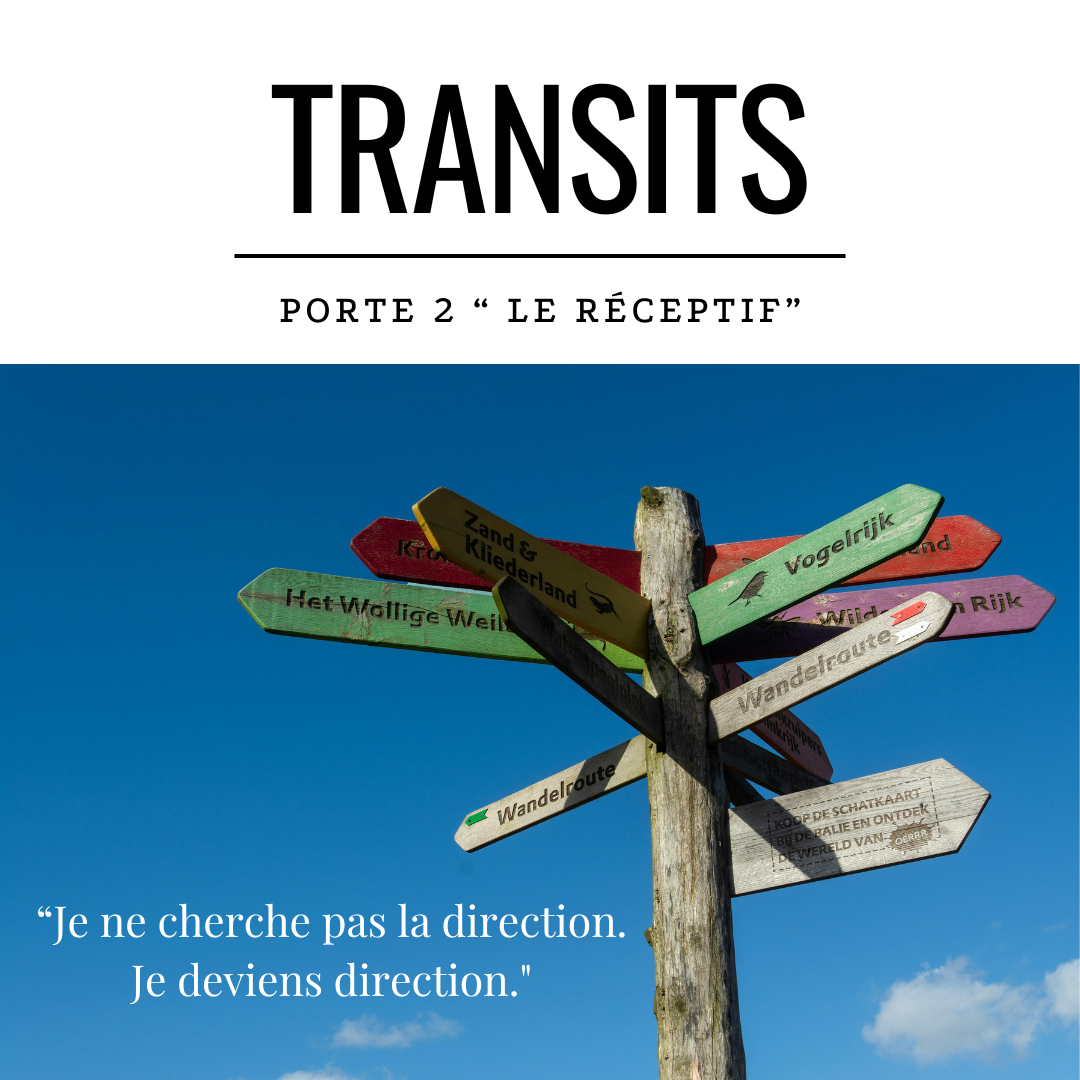Panneau directionnel coloré sous un ciel bleu, symbolisant le choix, l’orientation et la guidance. Citation : “Je ne cherche pas la direction. Je deviens direction.” Illustration du transit de la Porte 2 en Design Humain, représentant l’énergie du réceptif, du centre G et de l’alignement intérieur.
