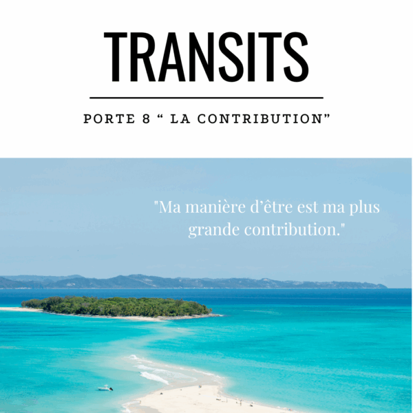 Vue d’une plage turquoise avec une île en fond, symbolisant la singularité et l’émergence. Citation : “Ma manière d’être est ma plus grande contribution.” Illustration du transit solaire de la Porte 8 en Design Humain, liée à l’expression individuelle et à l’inspiration personnelle partagée avec le collectif.