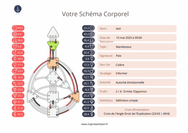 Schéma corporel du Design Humain avec centres, canaux, portes activées, colonnes de données planétaires et synthèse des informations clés (type, stratégie, autorité, profil, croix d’incarnation…). 