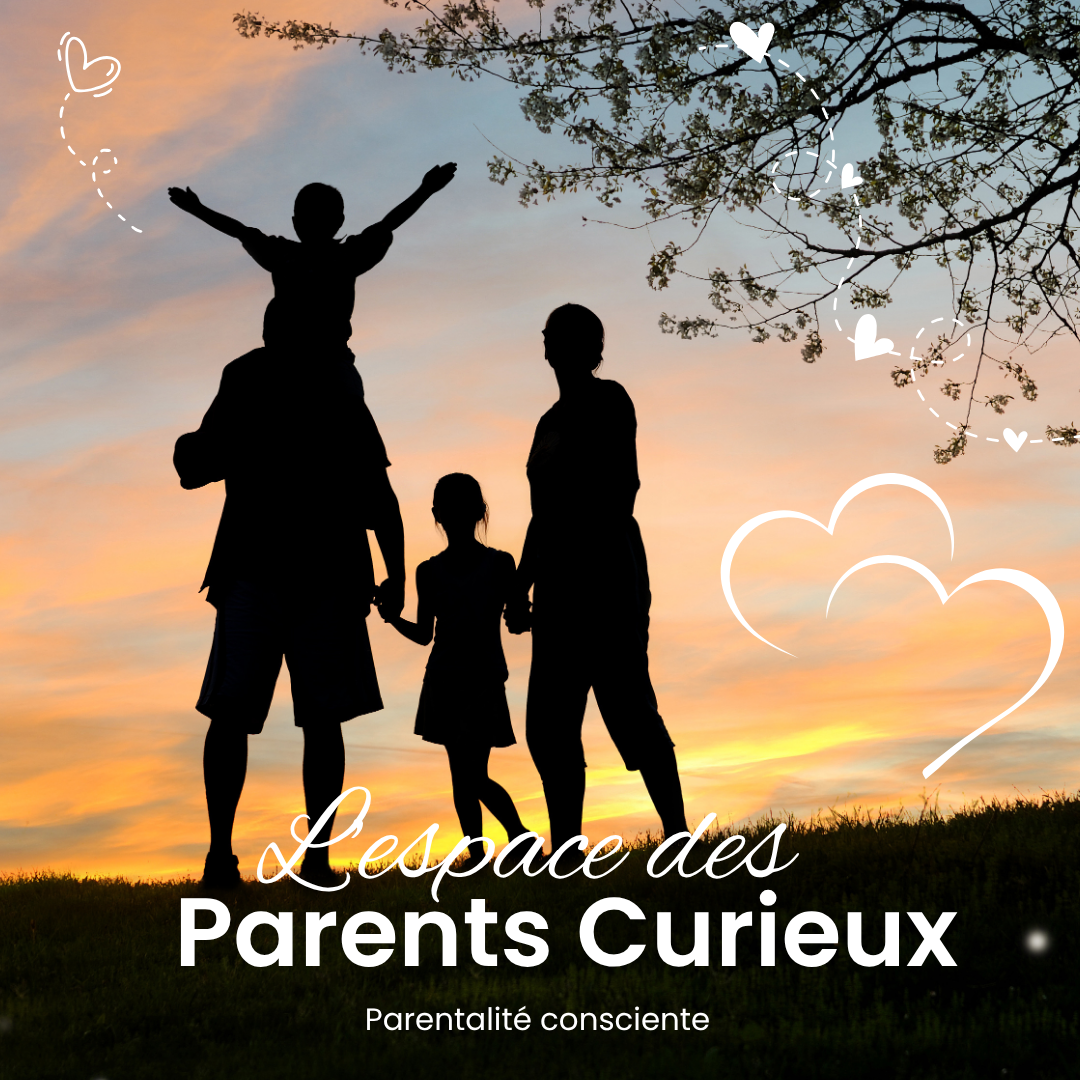 Silhouettes d’un parent et d’un enfant au coucher du soleil, avec l’inscription “L’espace des parents curieux” et un avion en papier en forme de cœur dans le ciel.