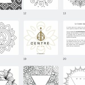 Aperçu de plusieurs pages d’un carnet de coloriage dédié au Design Humain. On y voit des mandalas à colorier, une page de présentation du Centre Ajna, et une page centrale avec le logo du carnet et l’intitulé "Centre Ajna".