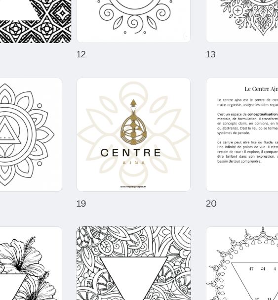 Aperçu de plusieurs pages d’un carnet de coloriage dédié au Design Humain. On y voit des mandalas à colorier, une page de présentation du Centre Ajna, et une page centrale avec le logo du carnet et l’intitulé "Centre Ajna".