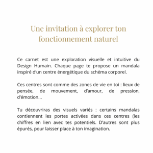Texte de présentation sur fond blanc avec le titre "Une invitation à explorer ton fonctionnement naturel". Le texte décrit un carnet de coloriage basé sur les centres du Design Humain, mêlant visuels de mandalas et exploration intuitive.
