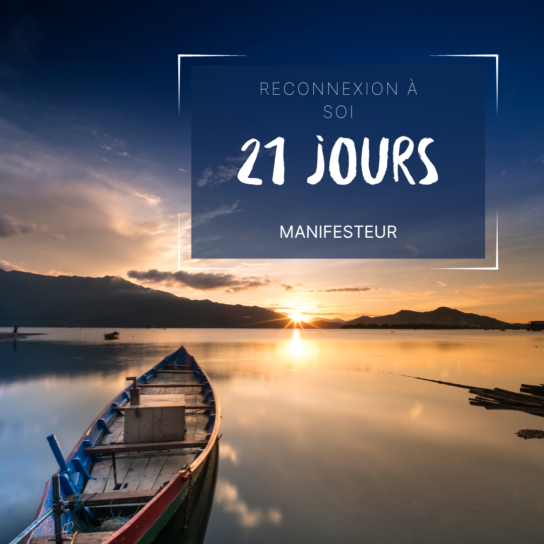 « Visuel d’un programme d’accompagnement de 21 jours pour se reconnecter à soi en tant que Manifesteur en Design Humain, avec une barque sur un lac au coucher de soleil. »