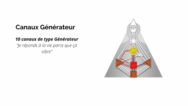 Diagramme du Design Humain montrant les 10 canaux de type Générateur, avec un bodygraph triangulaire présentant les centres énergétiques colorés et les connexions entre eux."