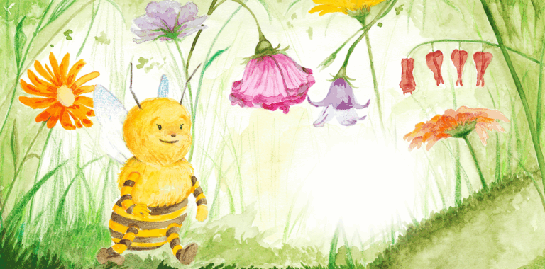 Illustration à l'aquarelle de Gigi l'abeille, personnage principal du conte musical pour enfants, évoluant dans un jardin fleuri aux couleurs douces avec des fleurs sauvages variées