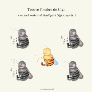 Jeu pour enfants avec l’abeille Gigi : quatre ombres différentes entourent Gigi en couleur, une seule correspond exactement.