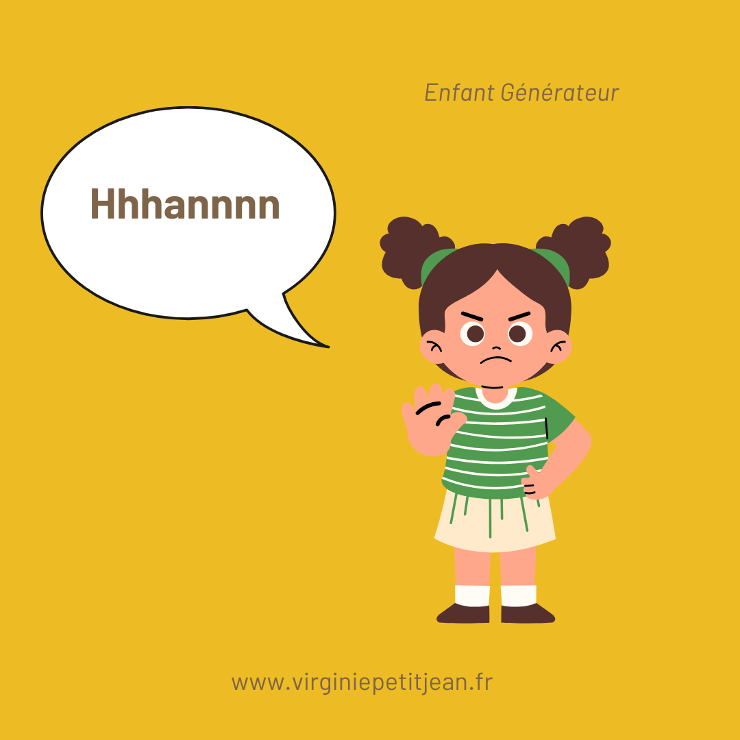 Illustration d'une fillette aux cheveux en chignons, expression fermée et geste de refus de la main, avec une bulle de dialogue contenant 'Hhhannn' sur fond jaune