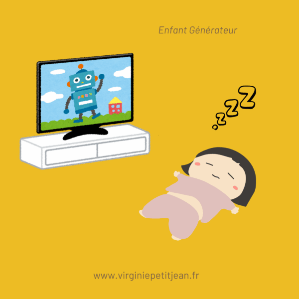 Illustration d'un enfant endormi par terre devant une télévision allumée montrant un robot, avec des symboles 'zzz' indiquant le sommeil, sur fond jaune