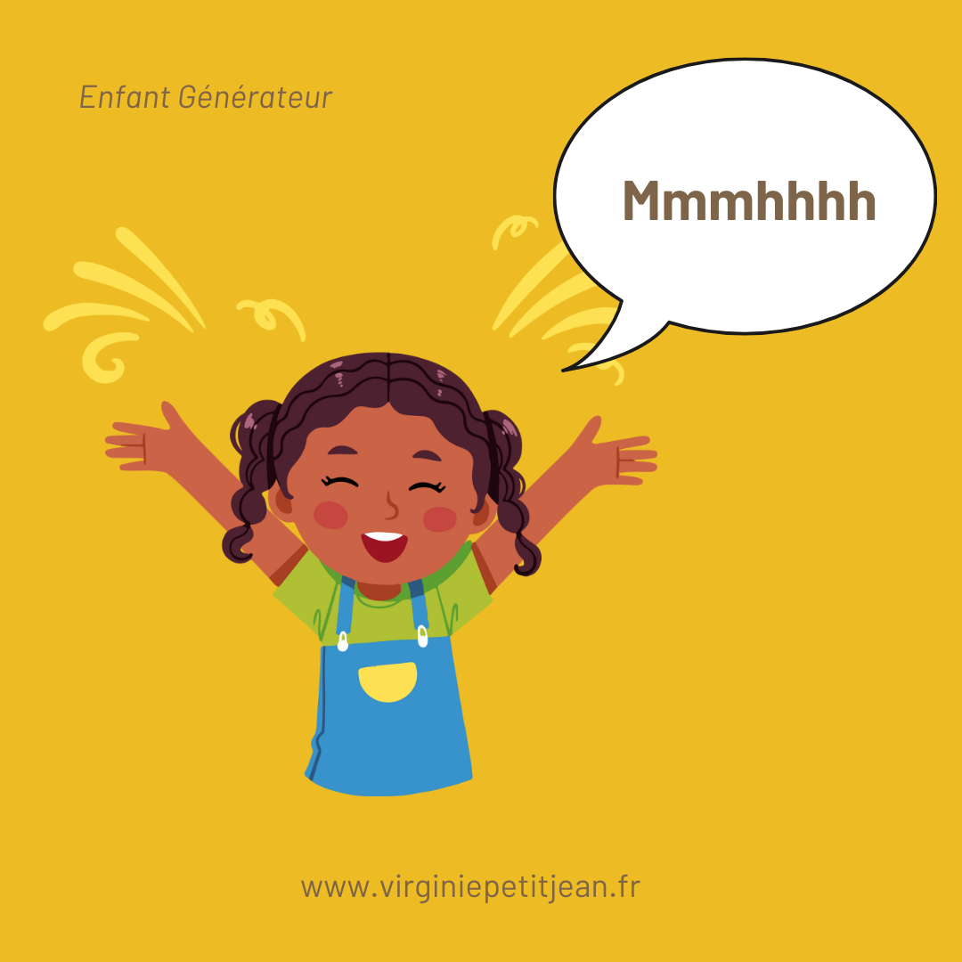 Illustration d'une fillette aux cheveux bouclés en nattes, bras levés en signe de joie, avec une bulle de dialogue contenant 'Mmmhhhh' sur fond jaune