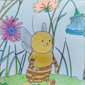 Coloriage de Gigi l'abeille, générateur manifesteur en Design Humain, butinant des fleurs colorées dans un jardin
