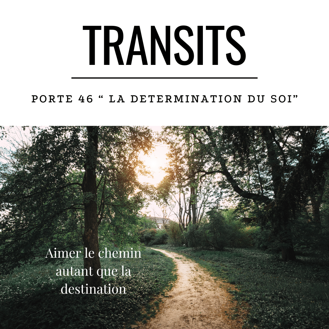 Transit solaire porte 46 détermination du soi - sentier forestier éclairé vers la lumière avec citation sur l'amour du chemin