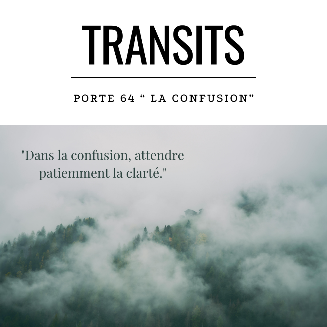 Transit solaire porte 64 la confusion - paysage brumeux avec arbres dans le brouillard et citation sur la patience