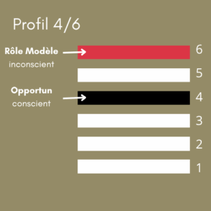 Cette infographie illustre la composition du profil 3/6 en Design Humain à travers un diagramme à barres horizontales numérotées de 1 à 6, correspondant aux six lignes des hexagrammes. Deux lignes sont activées et créent une évolution remarquable : La ligne 3 (au centre-bas) : représentée en noir avec la mention "Martyr conscient" et une flèche noire, symbolisant la personnalité consciente qui vit l'expérimentation par essais-erreurs, particulièrement intense dans les 30 premières années La ligne 6 (en haut) : colorée en rouge avec la mention "Rôle Modèle inconscient" et une flèche rouge, illustrant le design inconscient qui évolue en trois phases distinctes vers un leadership inspirant Diagramme des lignes du profil 4/6 en Design Humain montrant la ligne 4 Opportuniste (conscient) en noir et la ligne 6 Rôle Modèle (inconscient) en rouge