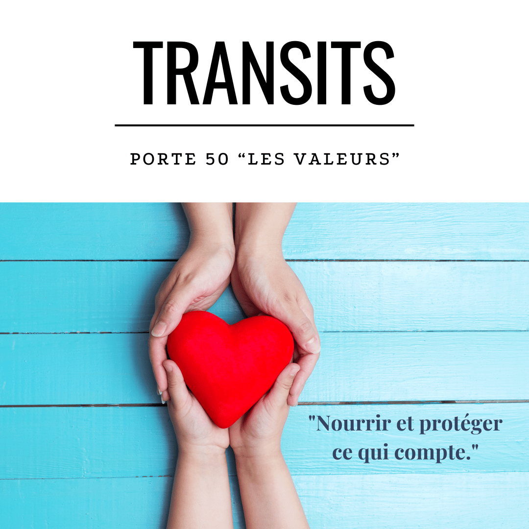 Transit solaire porte 50 les valeurs - mains tenant coeur rouge sur fond bleu avec citation sur protection et nourriture