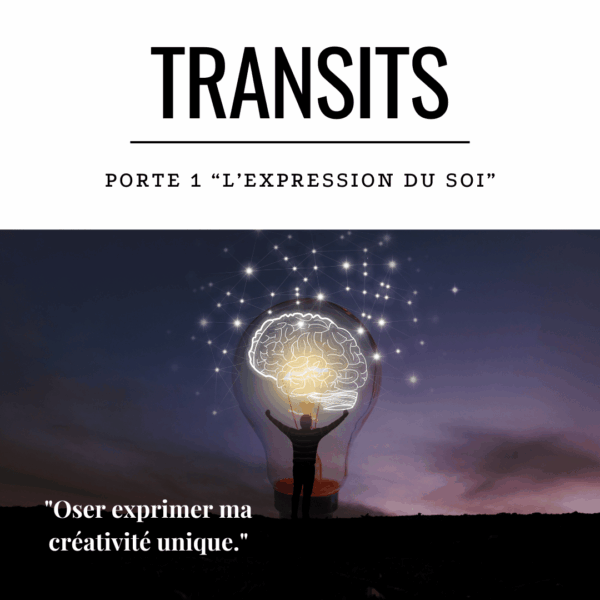 Image représentant un être humain debout dans une ampoule lumineuse, symbolisant l’éveil créatif. Au-dessus de lui, un cerveau illuminé et des connexions d’étoiles évoquent l’inspiration divine. L’image illustre la Porte 1 du Design Humain, « l’Expression du Soi », et le message : Oser exprimer ma créativité unique.