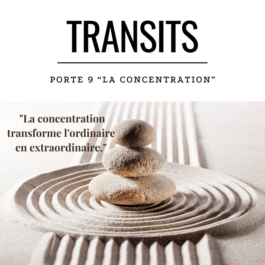 Galets zen empilés en équilibre sur jardin japonais avec motifs concentriques - Transit porte 9 Design Humain la concentration