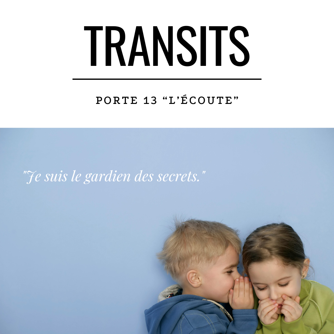 Deux enfants partageant un secret sur fond bleu - Transit porte 13 Design Humain l'écoute