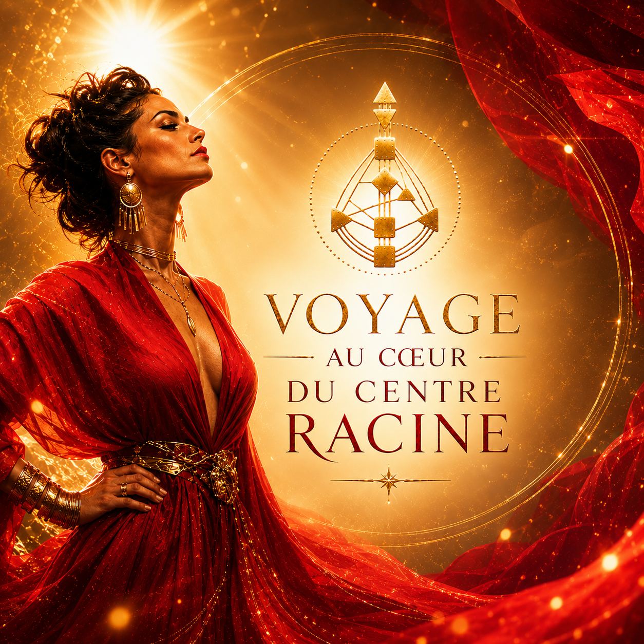 Illustration du programme « Voyage au cœur du centre racine » en Design Humain : une femme rayonnante vêtue de rouge se tient avec assurance devant un bodygraph doré, symbolisant la vitalité, la pression et la puissance d'action.