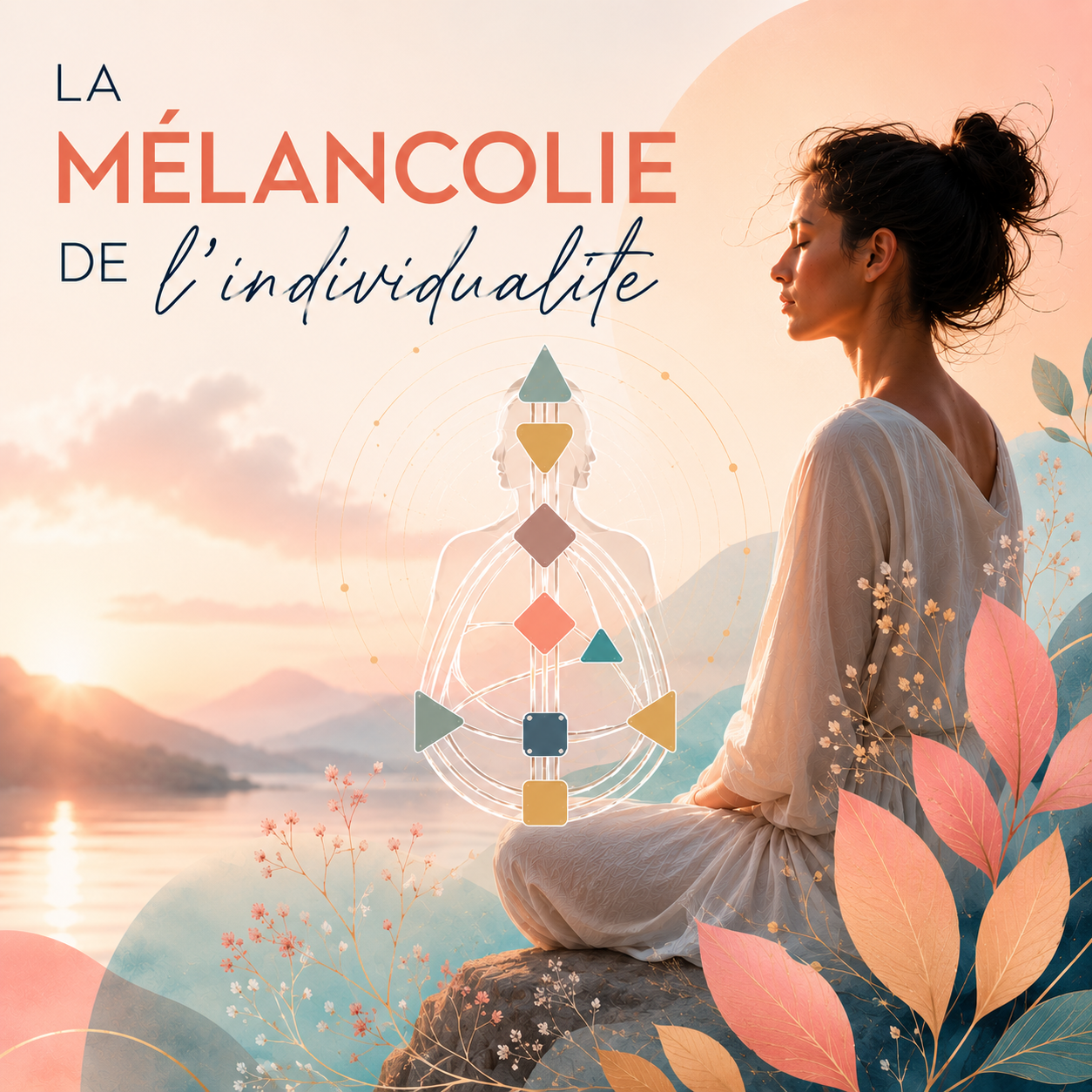 Illustration aux tons pastel représentant une femme méditative assise face à un paysage lumineux. Un bodygraph délicatement intégré au décor évoque le Design Humain. Le titre « La Mélancolie de l'individualité » apparaît dans une typographie moderne et élégante.