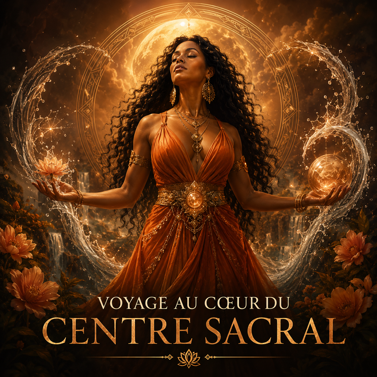 Illustration du programme « Voyage au cœur du centre sacral » en Design Humain : une femme rayonnante entourée d'énergie lumineuse et d'eau en mouvement, symbolisant la vitalité, la créativité et l'énergie de vie.