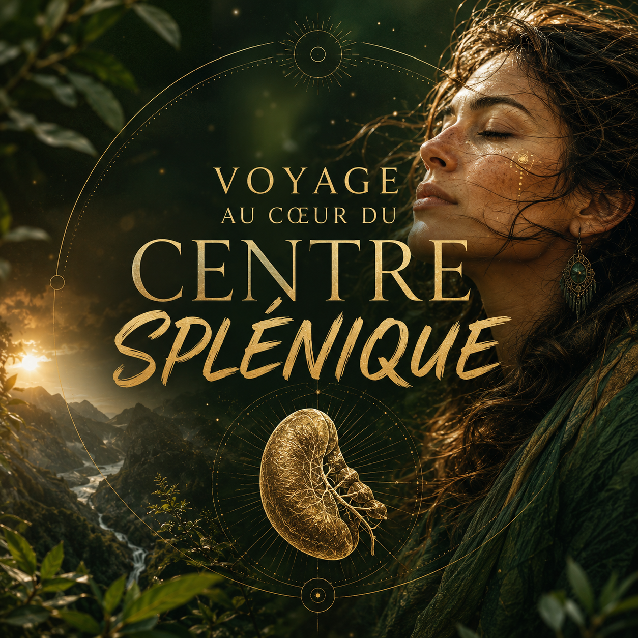 Illustration du programme « Voyage au cœur du centre splénique » en Design Humain : une femme intuitive dans un paysage naturel, entourée d'éléments dorés symbolisant l'instinct, la santé et le discernement.