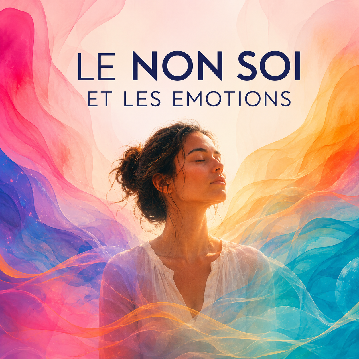 Illustration colorée représentant une femme sereine aux yeux fermés entourée de vagues translucides roses, bleues et orangées. Le titre « Le non-soi et les émotions » apparaît en grandes lettres modernes. Le visuel évoque le conditionnement émotionnel et le plexus solaire non défini en Design Humain.