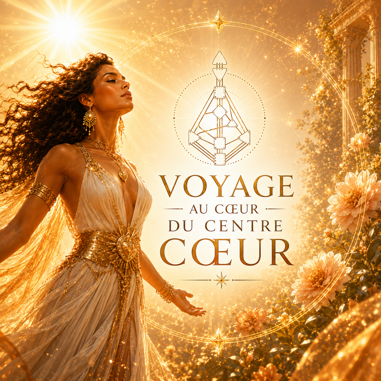 Illustration du programme « Voyage au cœur du centre cœur » en Design Humain : une femme lumineuse vêtue de blanc et d'or se tient dans un jardin baigné de soleil, à côté d'un bodygraph doré représentant la volonté, l'estime de soi et la puissance intérieure.
