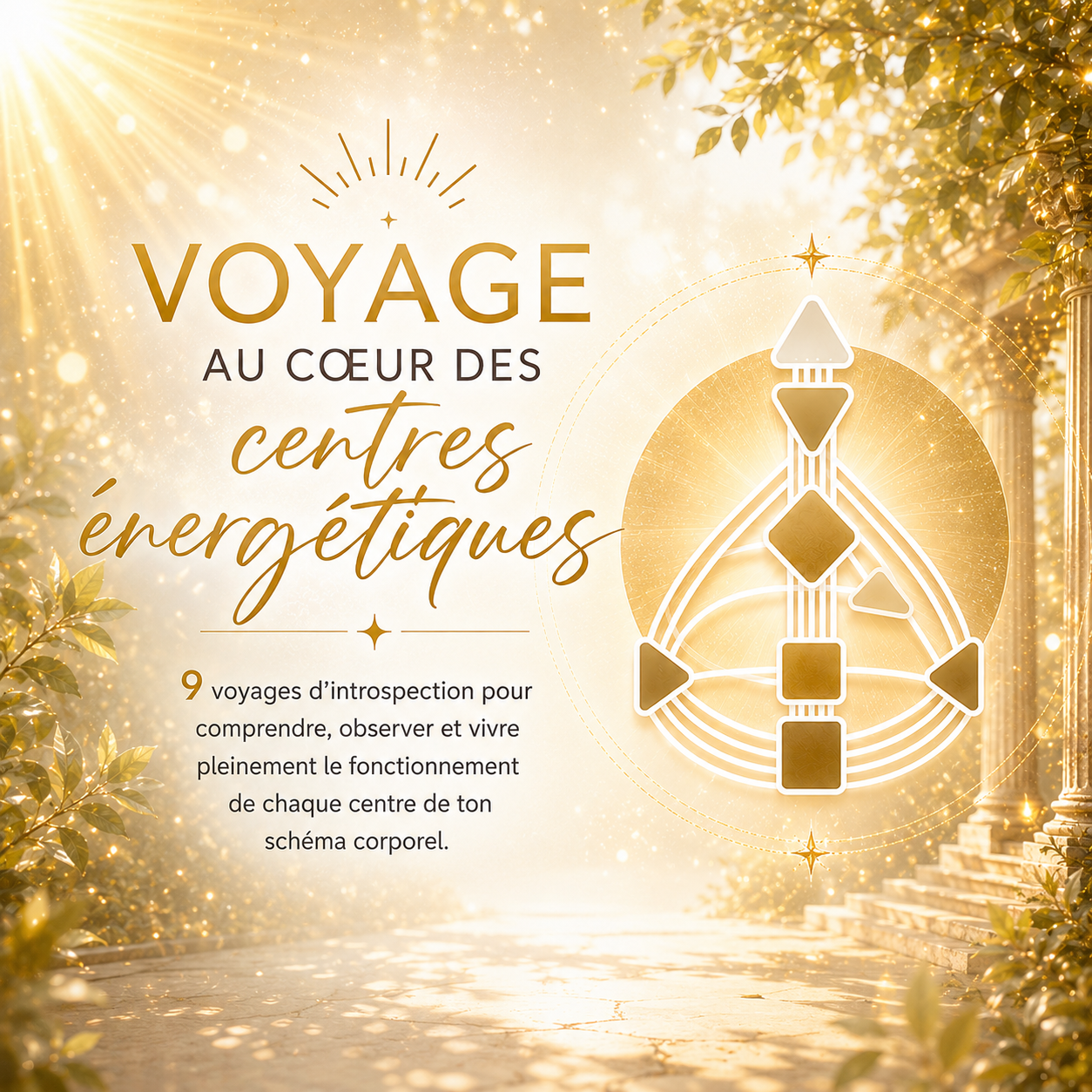 Illustration du pack « Voyage au cœur des centres énergétiques » en Design Humain : un bodygraph doré rayonnant au centre d'un paysage lumineux et naturel, symbolisant la connaissance de soi, l'alignement et l'exploration des neuf centres énergétiques.