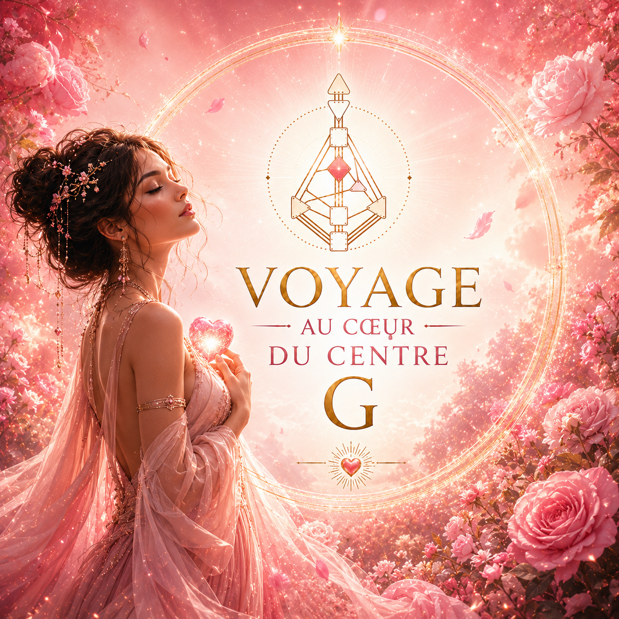Illustration du programme « Voyage au cœur du centre G » en Design Humain : une femme aux cheveux relevés tient un cœur lumineux dans ses mains, au milieu d'un jardin de roses roses et d'une lumière dorée. Un bodygraph stylisé symbolise le Soi, l'amour et la direction intérieure.