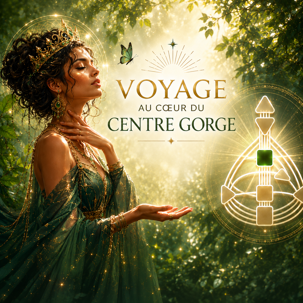 Illustration du programme « Voyage au cœur du centre gorge » en Design Humain : une reine vêtue de vert et d'or se tient dans une forêt lumineuse. Un bodygraph stylisé met en valeur le centre gorge, symbole d'expression, de créativité et de transformation.