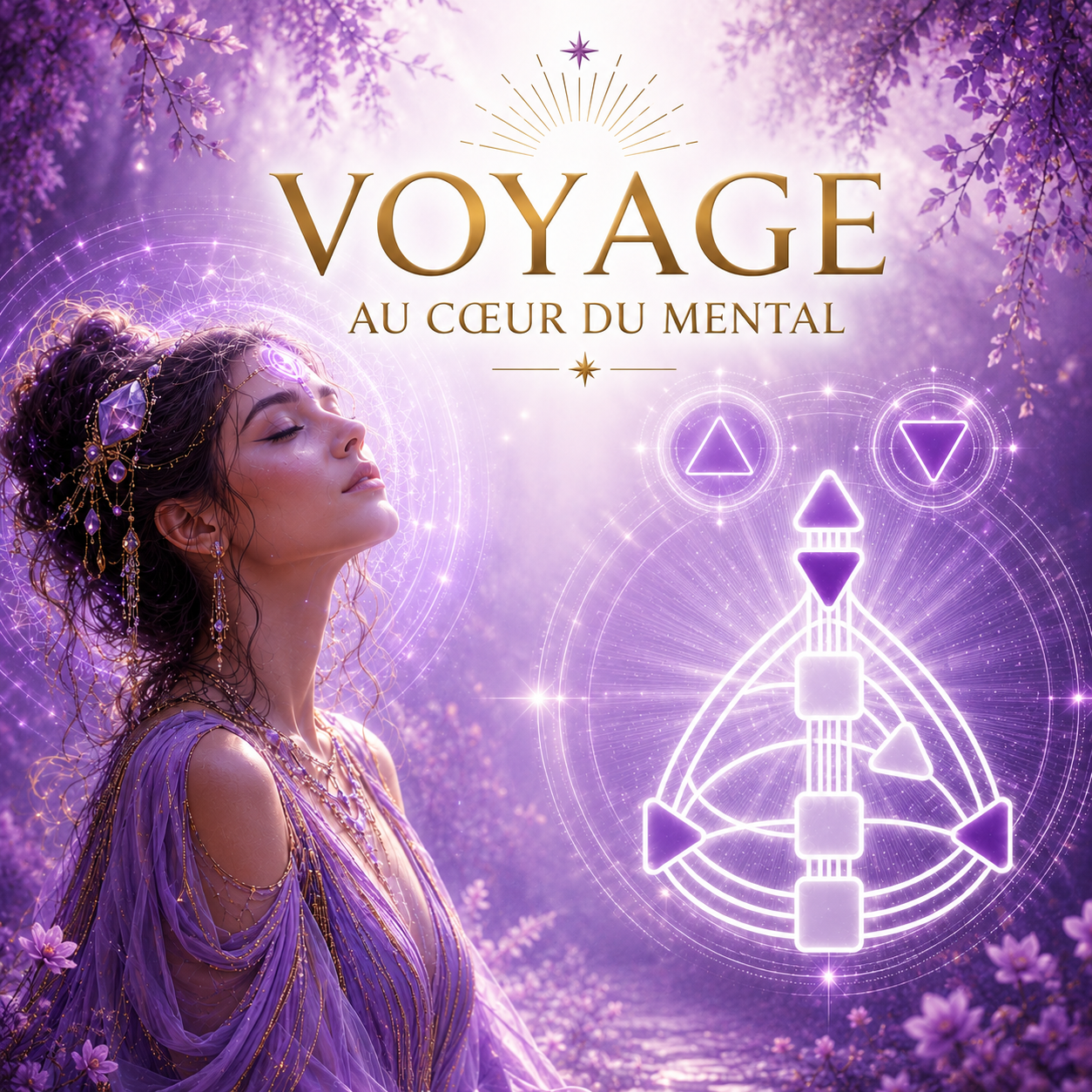 Illustration du programme « Voyage au cœur du mental » en Design Humain : une femme inspirante vêtue de violet médite dans un univers lumineux aux teintes mauves. Un bodygraph stylisé met en lumière les centres tête et ajna, symboles d'inspiration, d'intuition et de clarté mentale.
