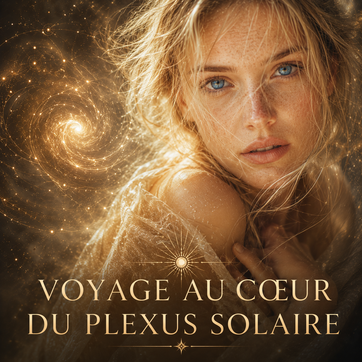 Illustration du programme « Voyage au cœur du plexus solaire » en Design Humain : portrait d'une femme lumineuse entourée d'une spirale dorée symbolisant les émotions, la sensibilité et la conscience émotionnelle.