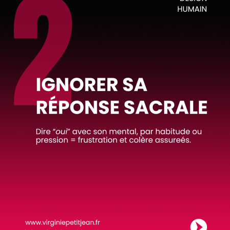Slide 2 du carrousel “5 grands pièges du Générateur Manifesteur” en Design Humain. Ce visuel présente le piège n°2 : ignorer sa réponse sacrale. Dire “oui” avec le mental, sous pression ou habitude, mène à la frustration et à la colère.