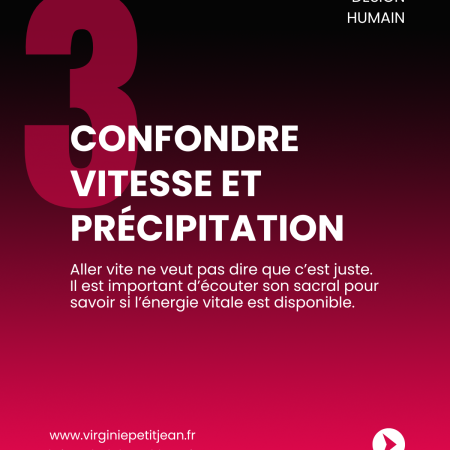 Slide 3 du carrousel “5 grands pièges du Générateur Manifesteur” en Design Humain. Ce visuel expose le piège n°3 : confondre vitesse et précipitation. Aller vite ne signifie pas que c’est juste ; c’est l’écoute du sacral qui permet d’aligner l’élan avec l’énergie disponible.