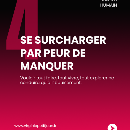 Slide 4 du carrousel “5 grands pièges du Générateur Manifesteur” en Design Humain. Ce visuel présente le piège n°4 : se surcharger par peur de manquer. Vouloir tout faire, tout vivre, tout explorer mène inévitablement à l’épuisement.