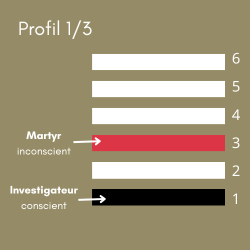 Diagramme des lignes du profil 1/3 en Design Humain montrant la ligne 1 Investigateur (conscient) en noir et la ligne 3 Martyr (inconscient) en rouge